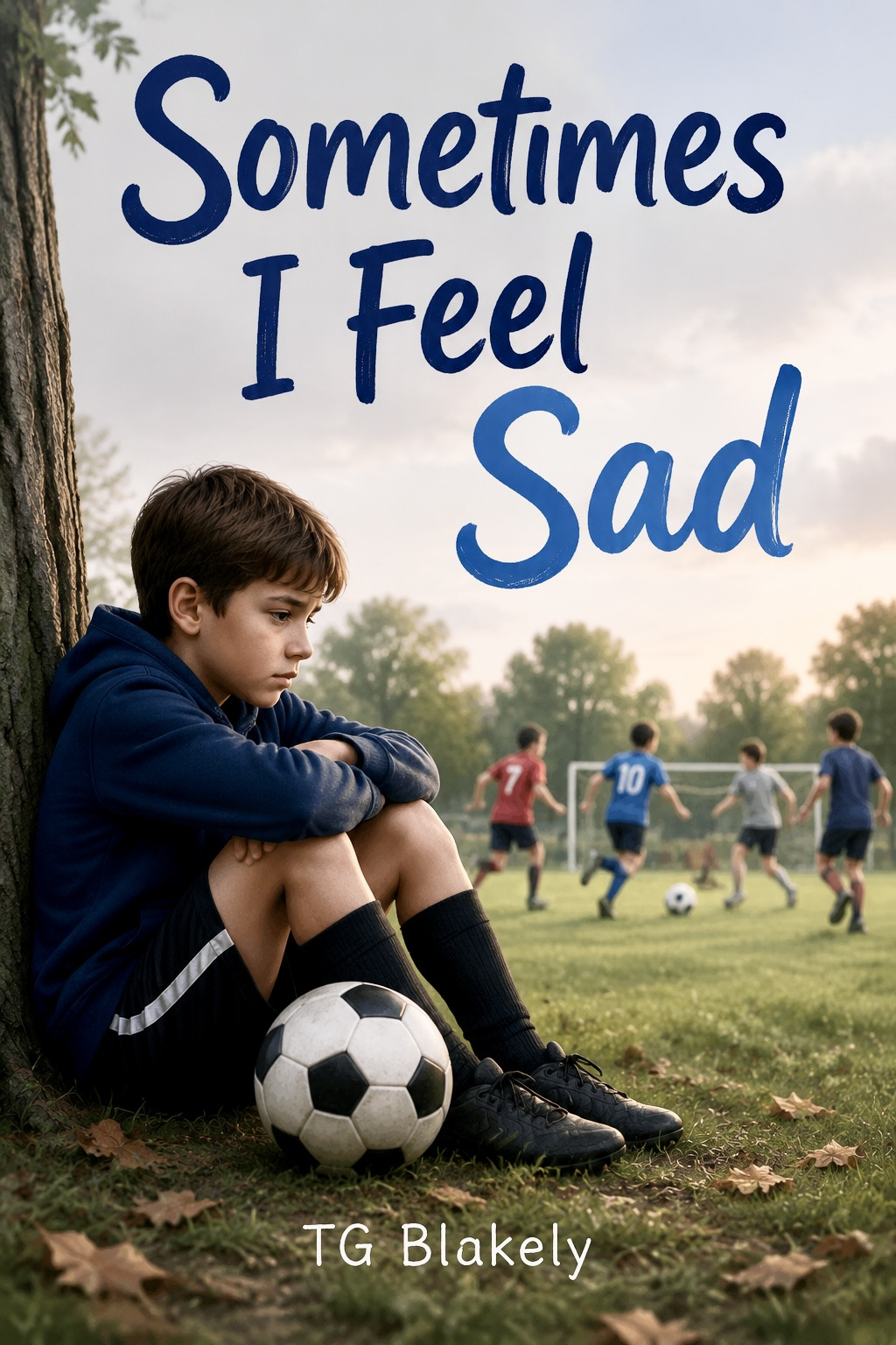 Book cover of Sometimes I Feel Sad by TG Blakely, showing a boy sitting beside a soccer ball while other children play in the background.