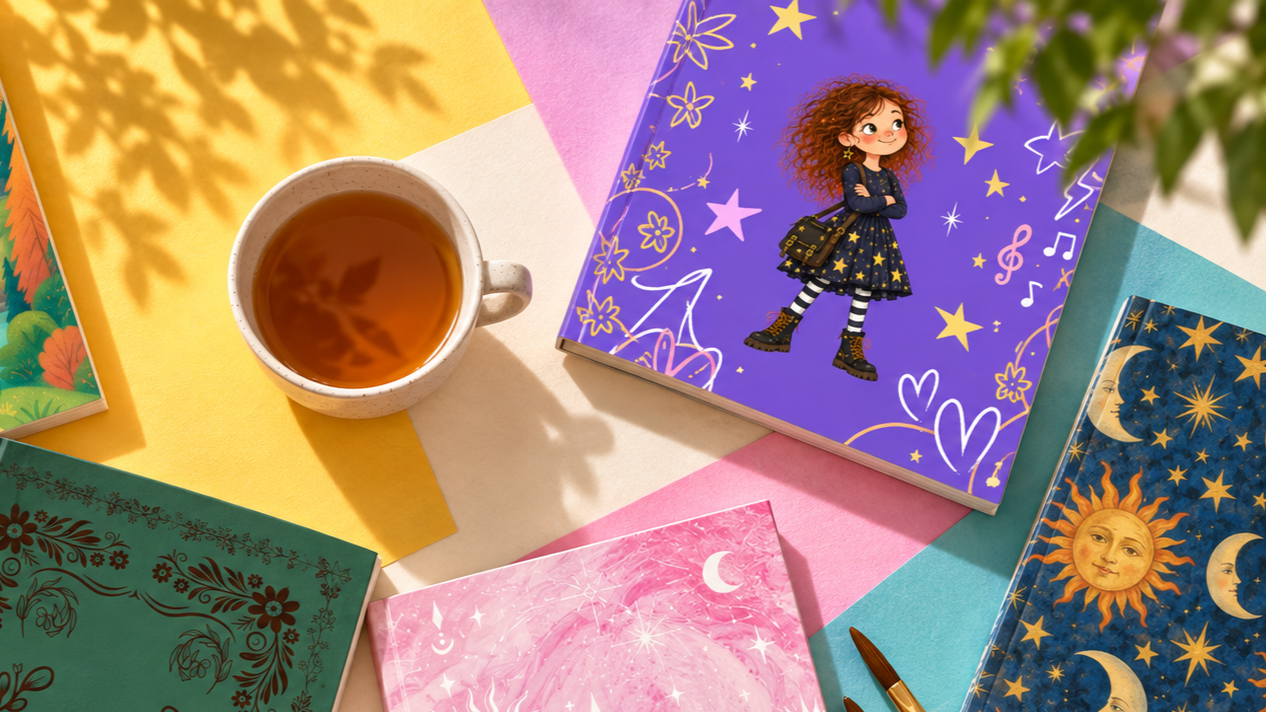 Colorful flat lay of a tea cup, illustrated children's books with celestial and fantasy themes, a pen, and pastel-colored papers on a pink, yellow, and teal background.
