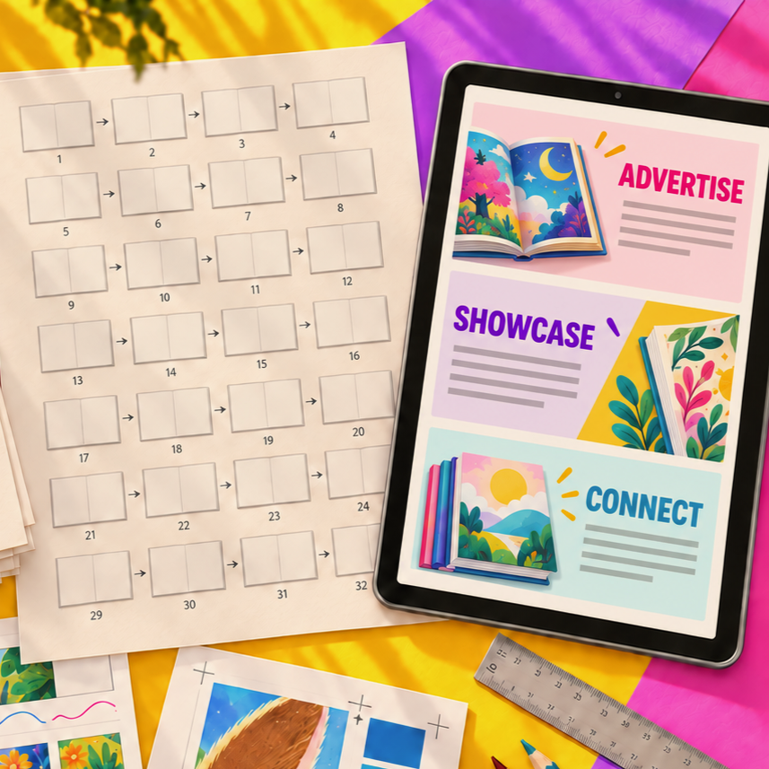 A digital tablet displaying colorful pages labeled "Advertise," "Showcase," and "Connect" with illustrations of books and nature scenes, alongside worksheets, a ruler, and papers on a vibrant yellow and pink background.