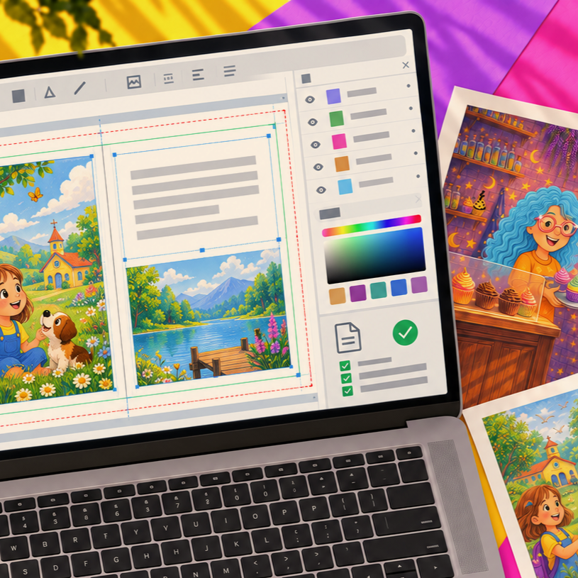 A laptop screen showing a digital illustration design software with a colorful scenic illustration of a young girl with dog in a garden, a lakeside scene, and a cartoon bakery scene with a girl and cupcakes. There are printed images of similar scenes beside the laptop.