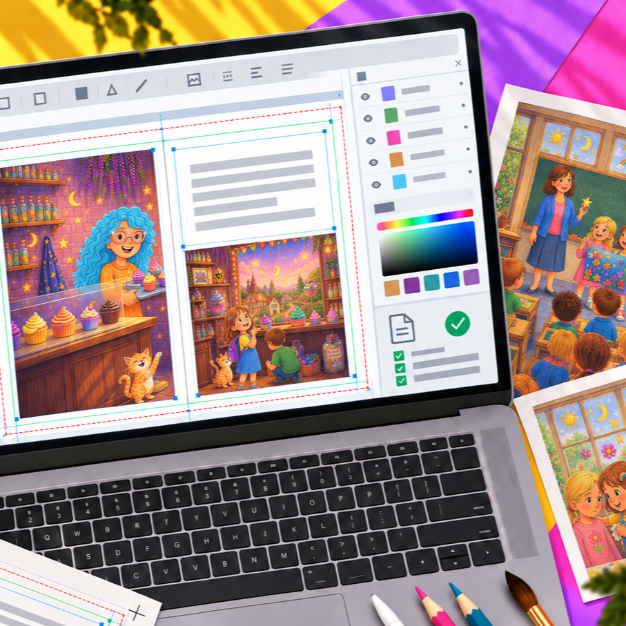 A person designing colorful children's illustrations on a laptop screen, with printed copies and colorful markers nearby.