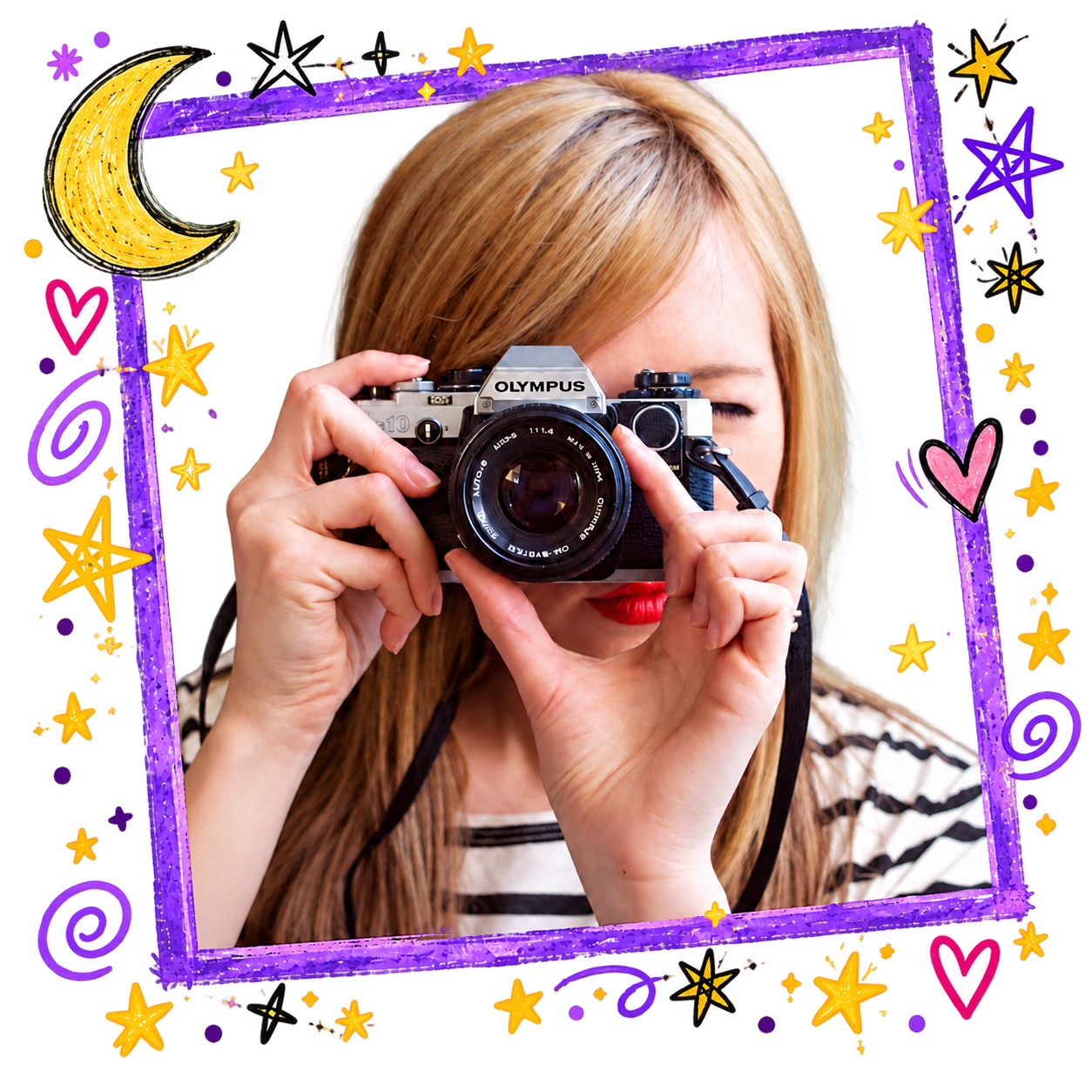 Woman with red lipstick taking a photo with a camera, surrounded by colorful doodles of stars, hearts, a moon, and other celestial symbols on a transparent background.