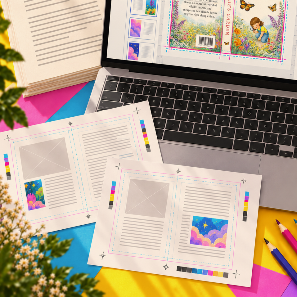 Design sketches and a computer displaying a book illustration of a girl in a garden with butterflies and flowers, surrounded by colored pencils and floral decorations.