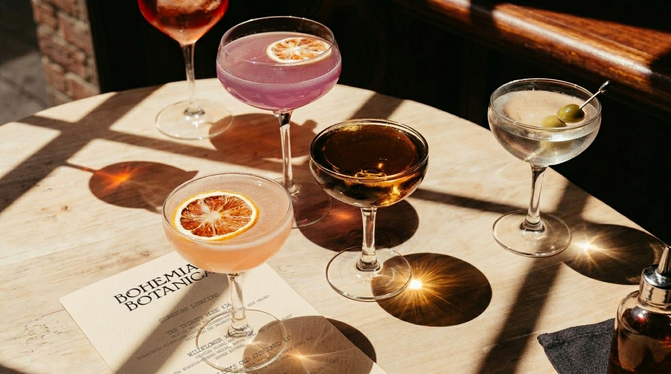 Five cocktail glasses with various colorful drinks on a wooden table, with sunlight casting shadows.
