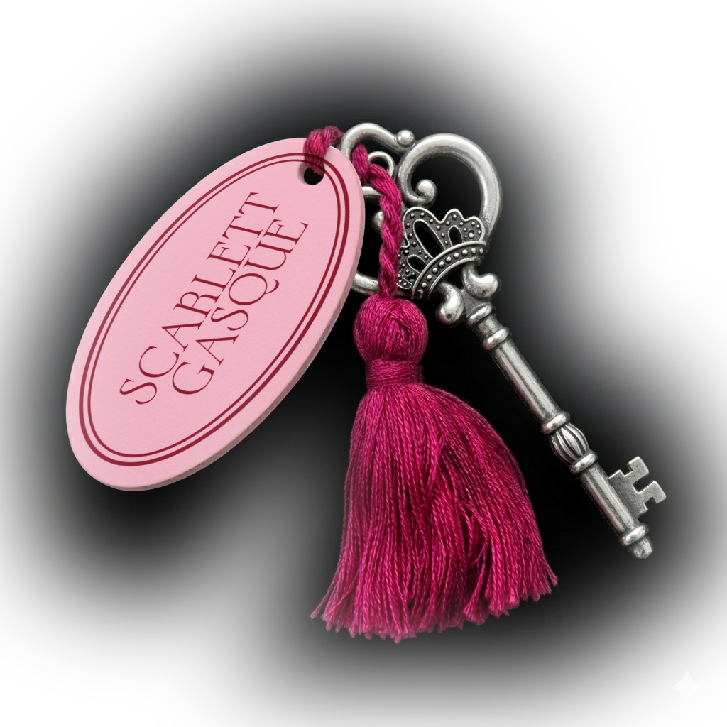 Silver key with decorative bow, attached to a pink tassel and pink oval tag that reads "Scarlet Lifetime" in red text, against a black background.