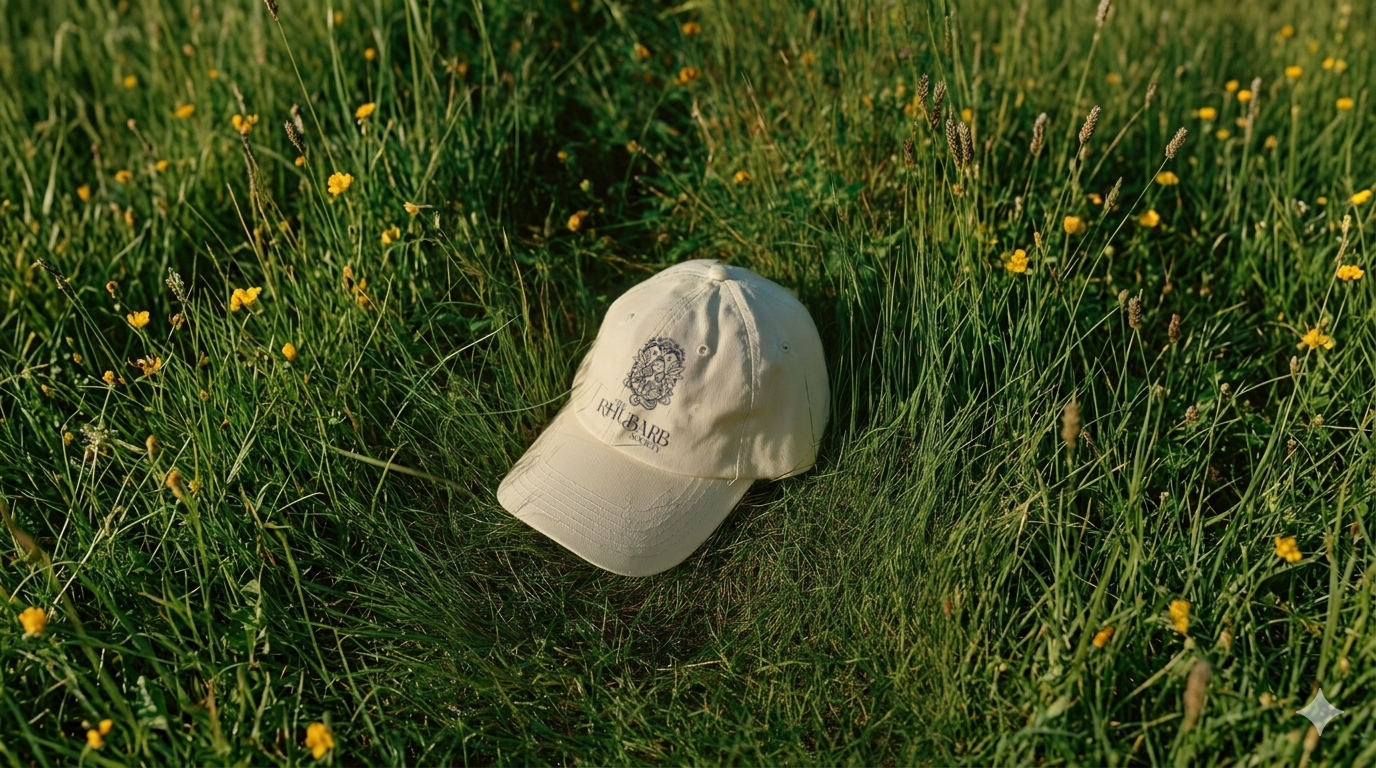 A beige baseball cap with a black logo and text on it, lying on a grassy field with yellow flowers.