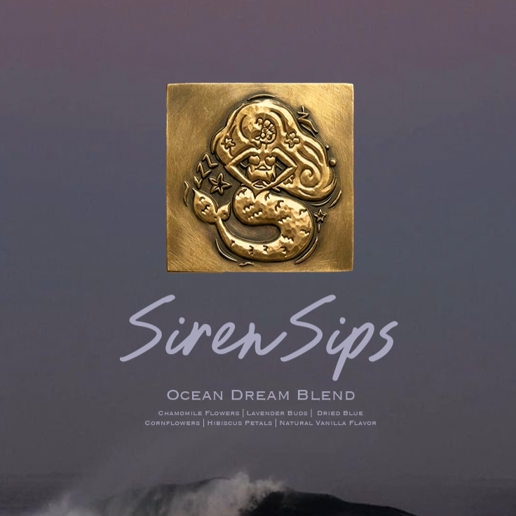 Product packaging for Siren Sips, Ocean Dream Blend tea, with a golden emblem of a mermaid, on a purple background.