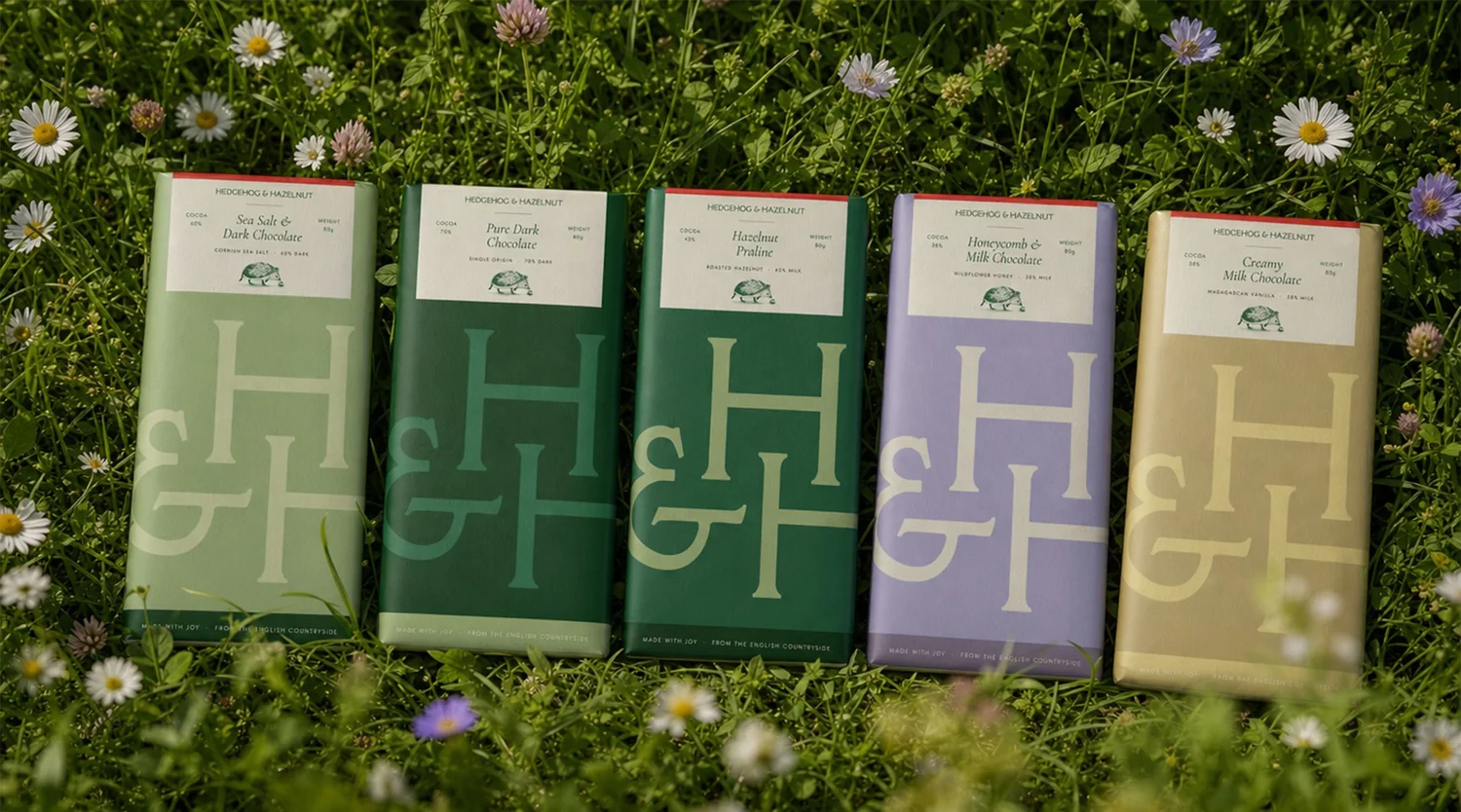 Hedgehog & Hazelnut chocolate bars in the meadow