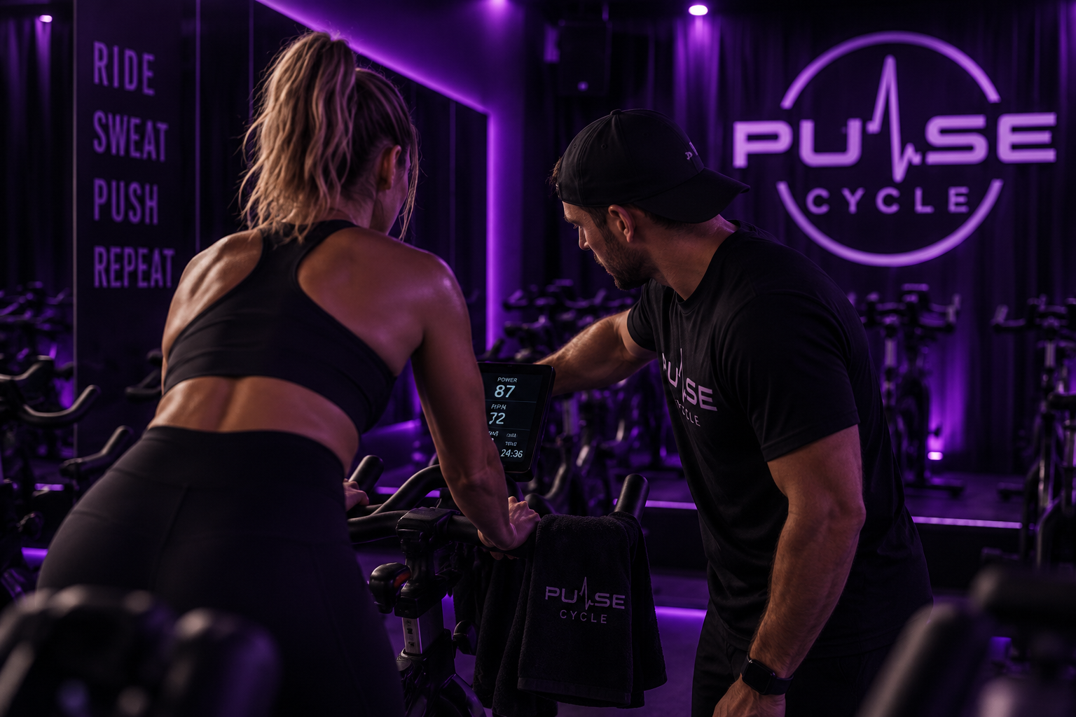 A woman on a stationary bike being coached by a man in a dark shirt and cap at Pulse Cycle gym, with purple lighting and motivational words on the wall.