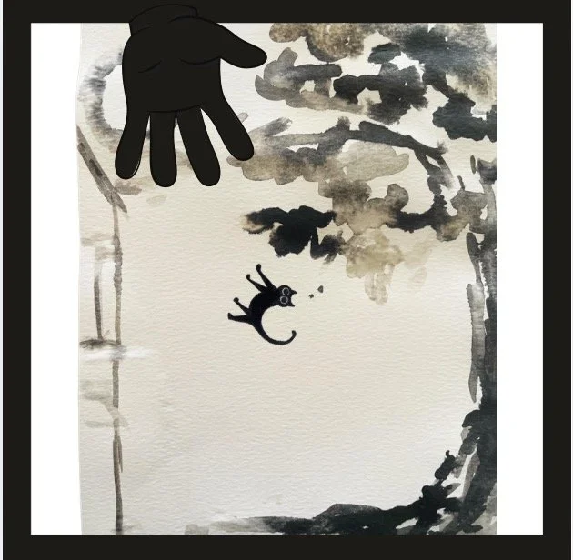 Black hand reaching towards a small, black stylized creature with wide eyes, in a landscape with trees and cloudy sky, rendered in watercolor style.
