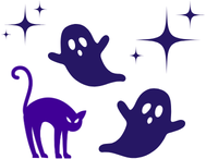 Halloween-themed purple ghosts with a purple cat and stars