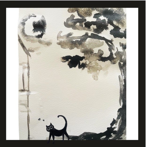 Watercolor painting of a landscape with trees and a black cat with glasses in the foreground.