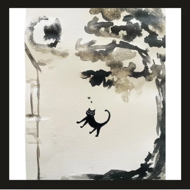 A black cat with big eyes joyfully bouncing in a watercolor landscape with trees and a pond, in a minimalist style.