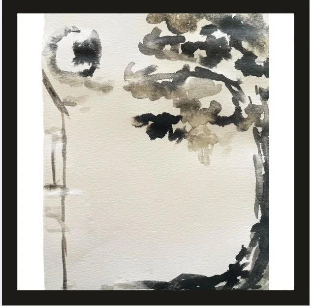 A traditional ink wash painting of a moonlit landscape with a tree and possibly a pond or water reflecting the moon.