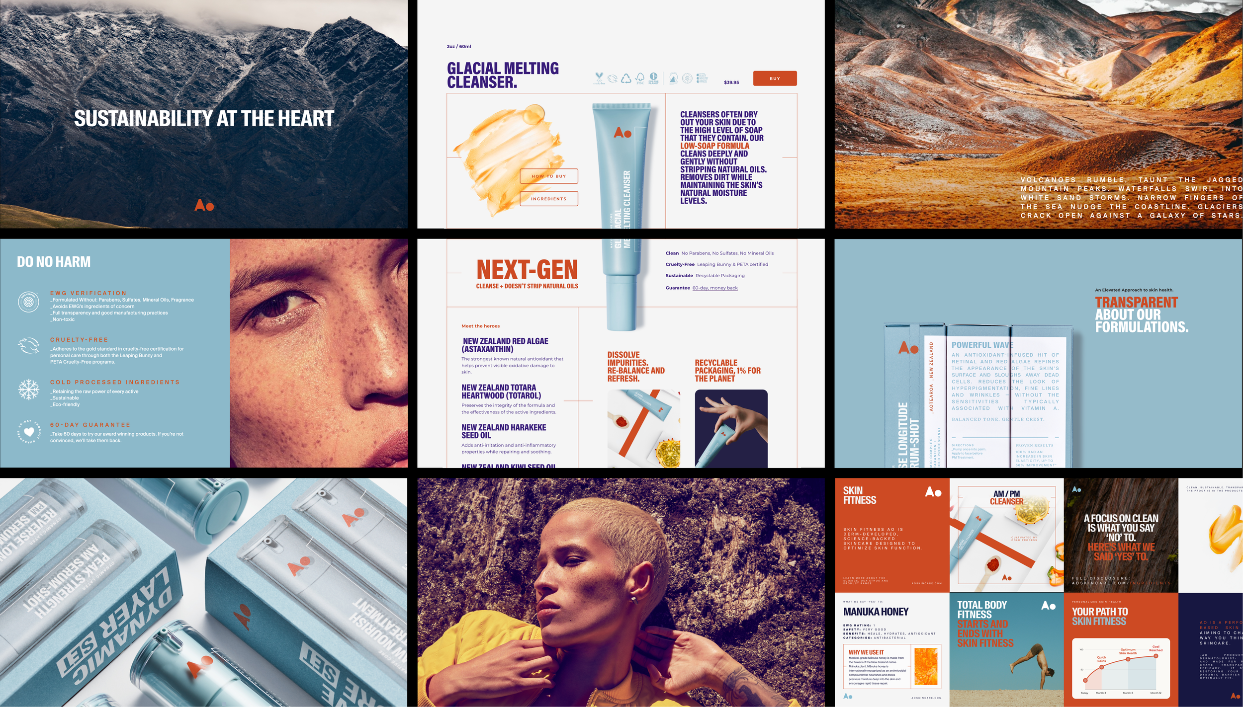 Collage of outdoor mountains and desert landscapes, skincare products, a person with freckles, and promotional content for skincare and wellness brands.