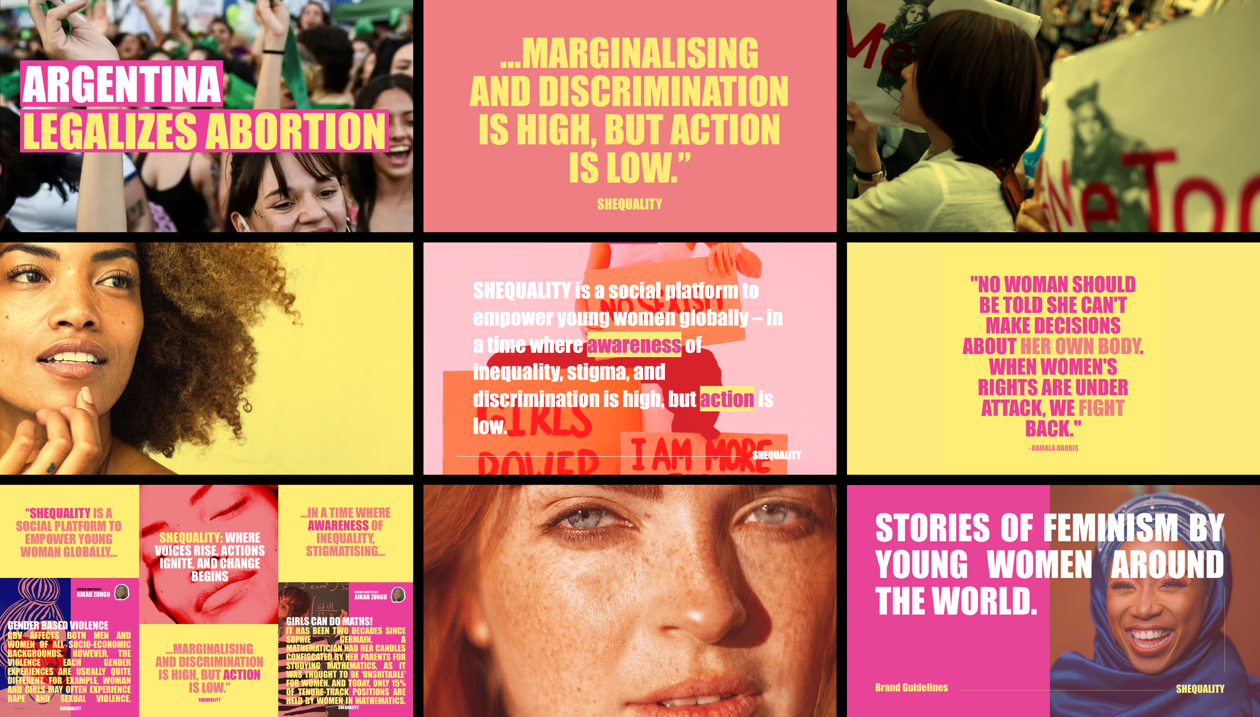 Collage of images and text about feminism, women's rights, and social activism. Includes photos of women protesting and quotes advocating for women's empowerment, equality, and reproductive rights.
