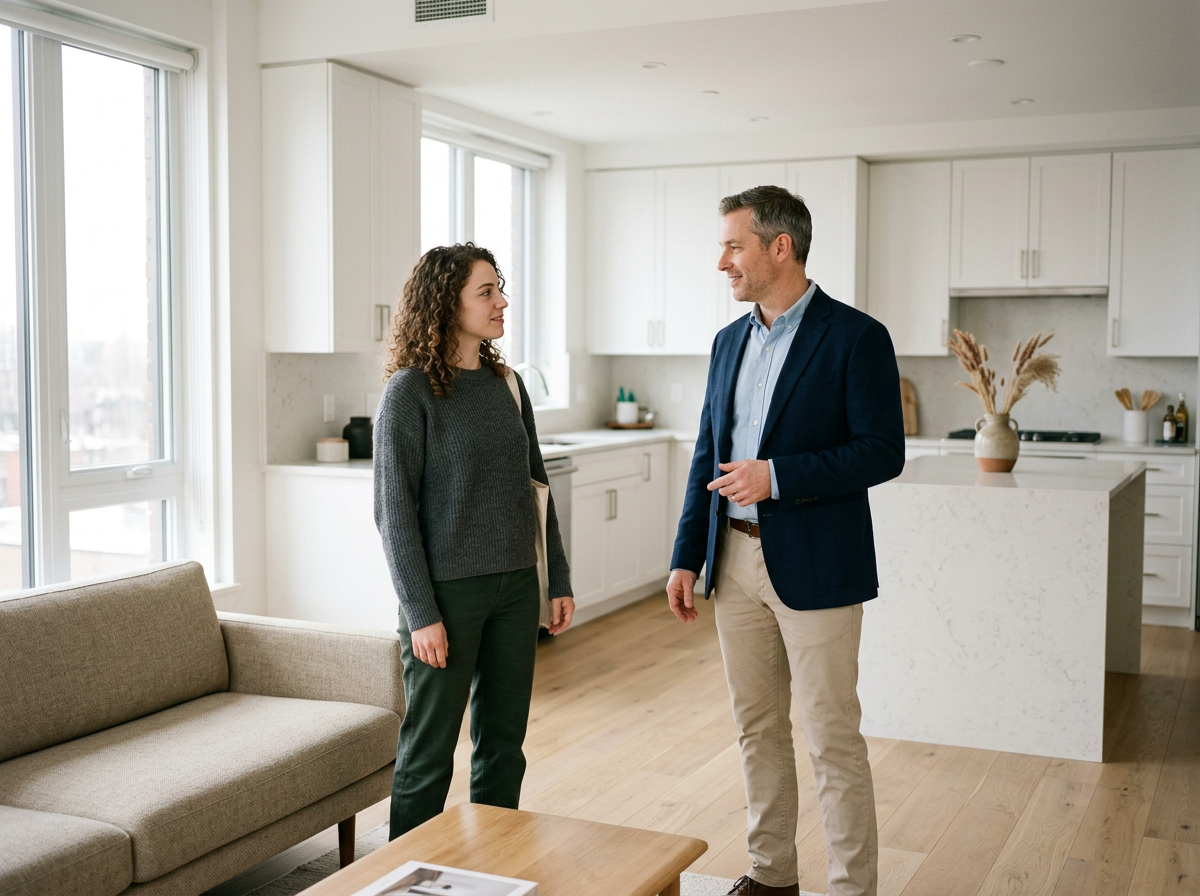 A real estate agent and a young woman are talking in a modern, bright kitchen with white cabinetry and large windows.