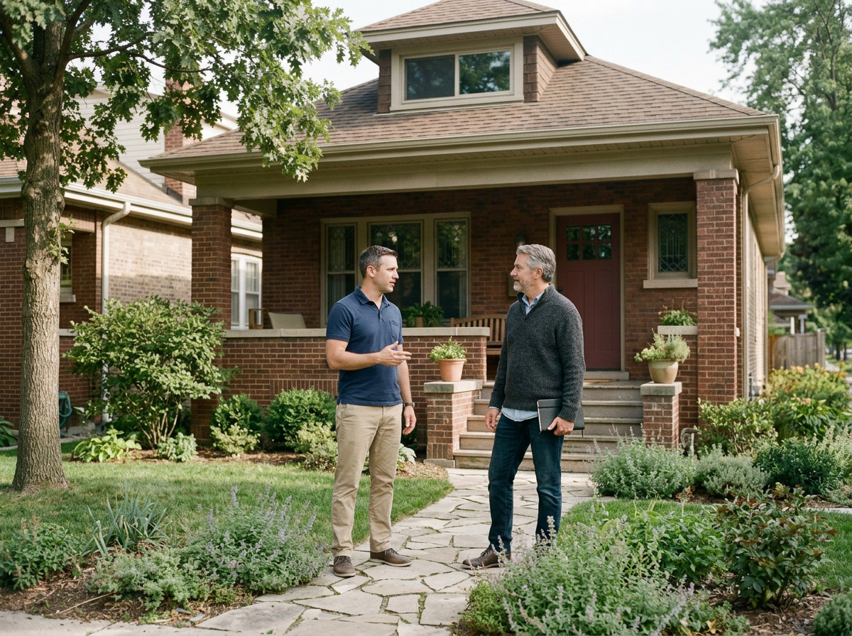 Two men are standing and talking in the front yard of a brick house. One man is younger, wearing a navy t-shirt and khaki pants, holding a cell phone. The other is older, dressed in a dark sweater and jeans, holding a tablet. The house has a porch, steps, and a garden with various plants and trees.