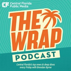 Logo for 'The Wrap' podcast by Central Florida Public Media, featuring a palm tree illustration with bold orange and blue text.