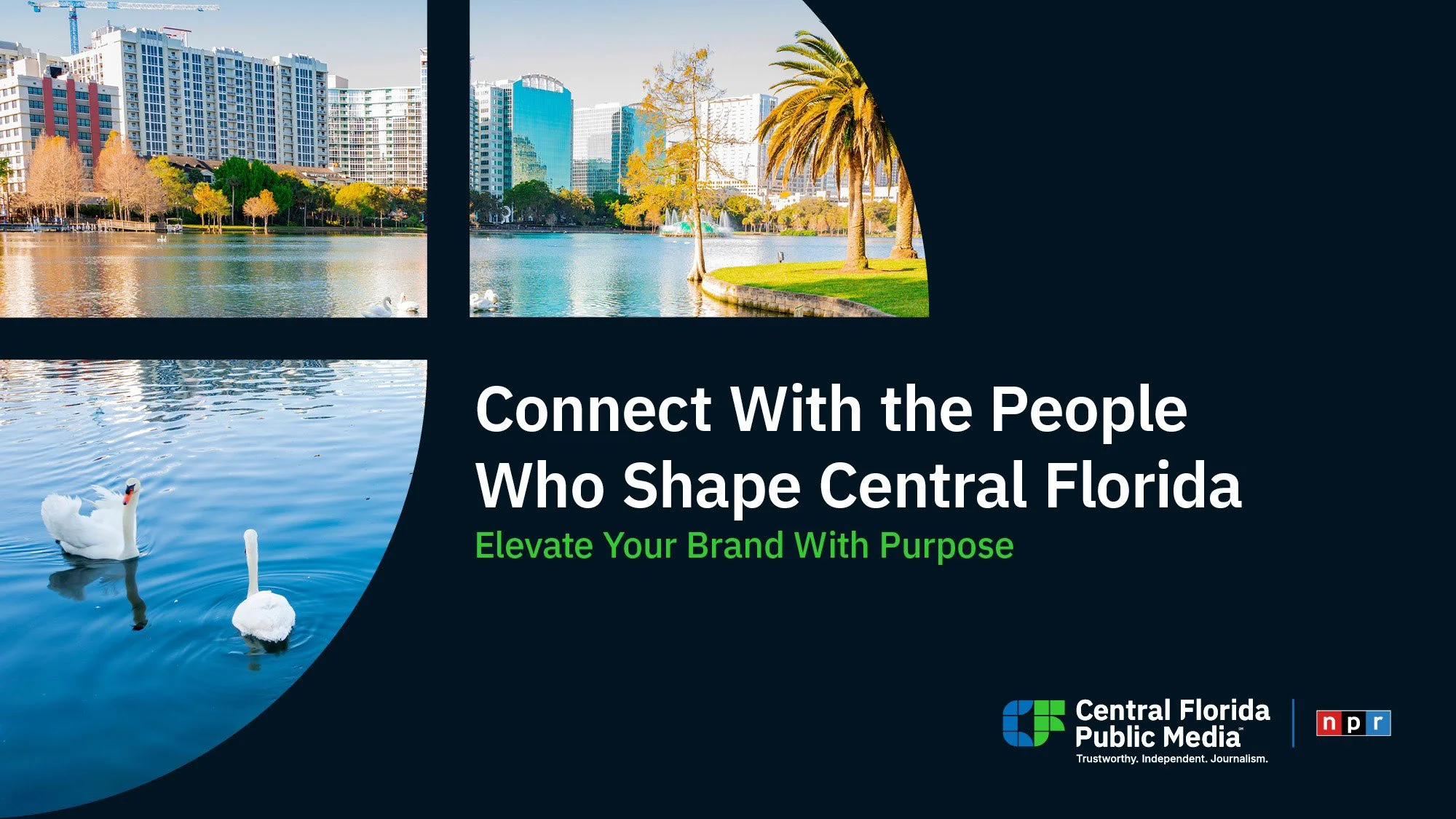 Cover image of the CFPM media kit, including NPR, featuring scenic images of a cityscape and a lake with swans and trees, with text reading "Connect With the People Who Shape Central Florida" and "Elevate Your Brand With Purpose."