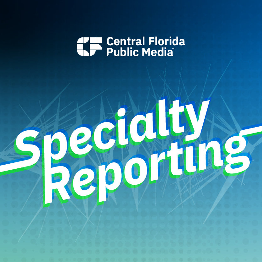 Cover page for a special report by Central Florida Public Media with the title 'Specialty Reporting' in bold, colorful text against a blue background with abstract lines and dots.