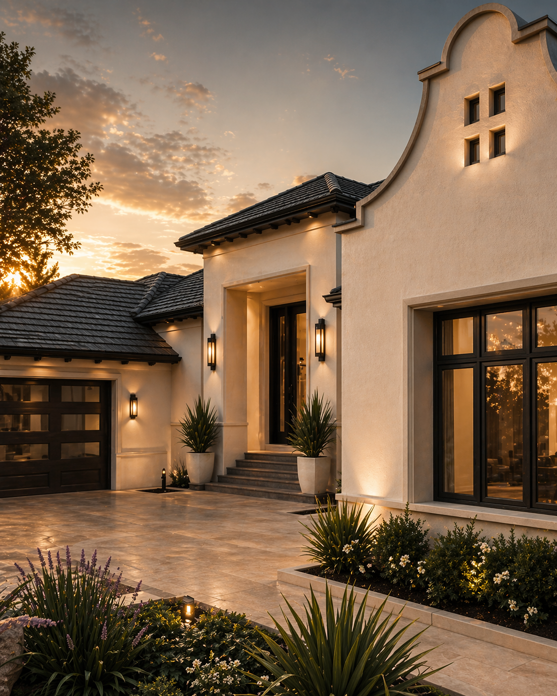 A modern house with a stucco exterior, large windows, and a tiled roof at sunset, with landscaped plants and outdoor lighting.