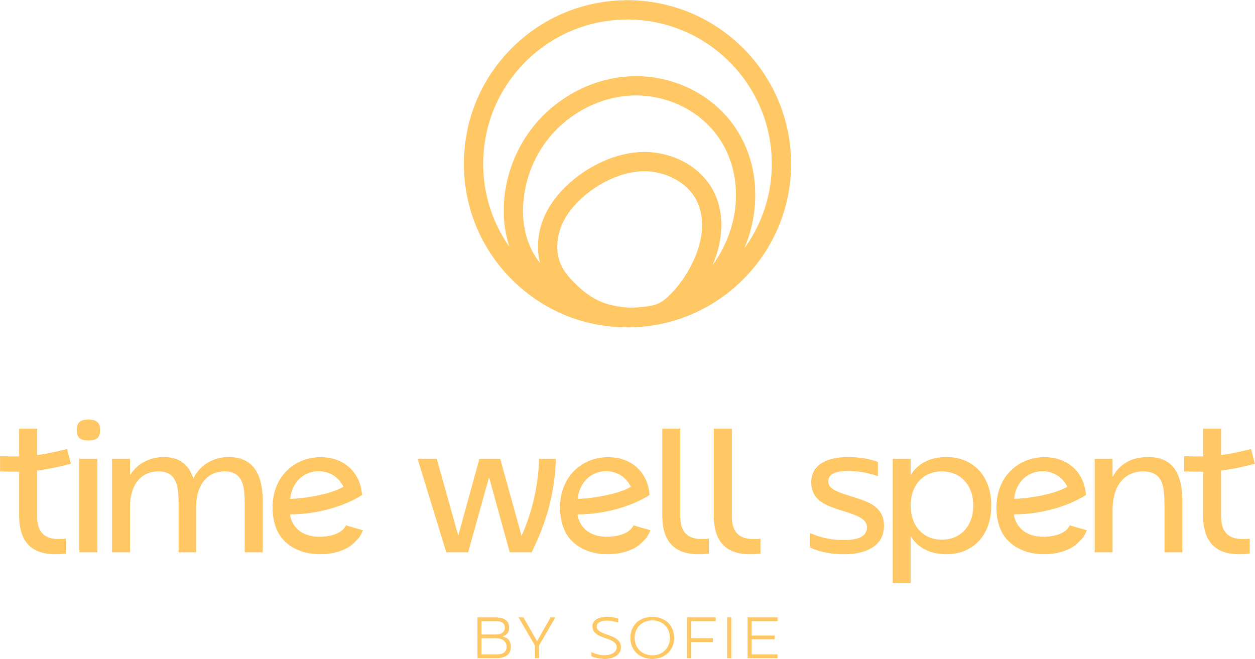Logo met de tekst 'time well spent' en een gestileerde afbeelding van een klok in goudkleur, onder de tekst 'by Sofie'.