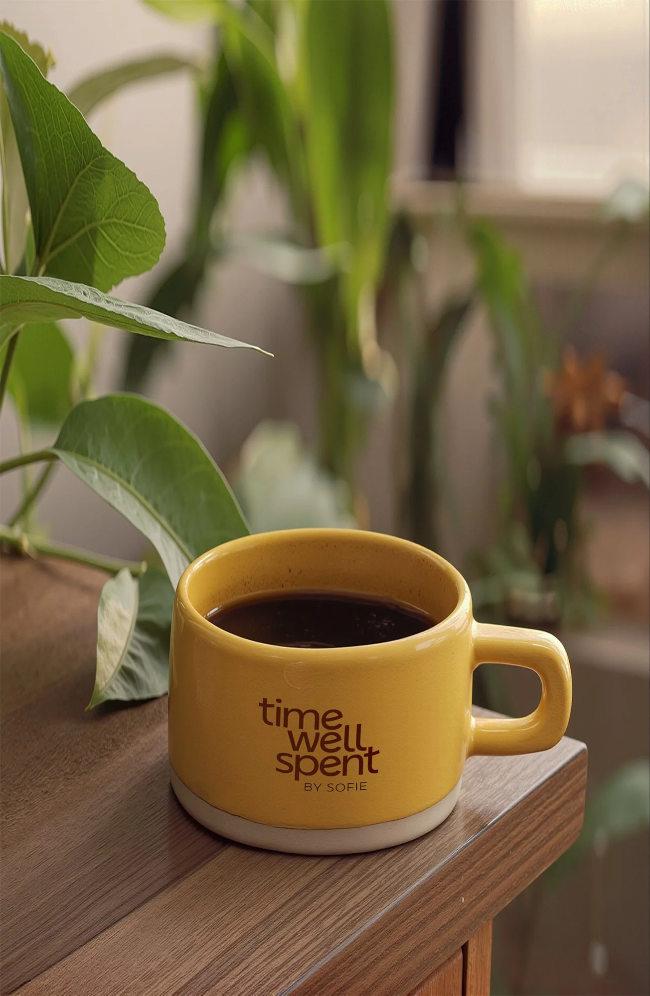 Een gele kop met de tekst 'time well spent by Sofie' staat op een houten tafel, gevuld met koffie, met groene planten op de achtergrond.