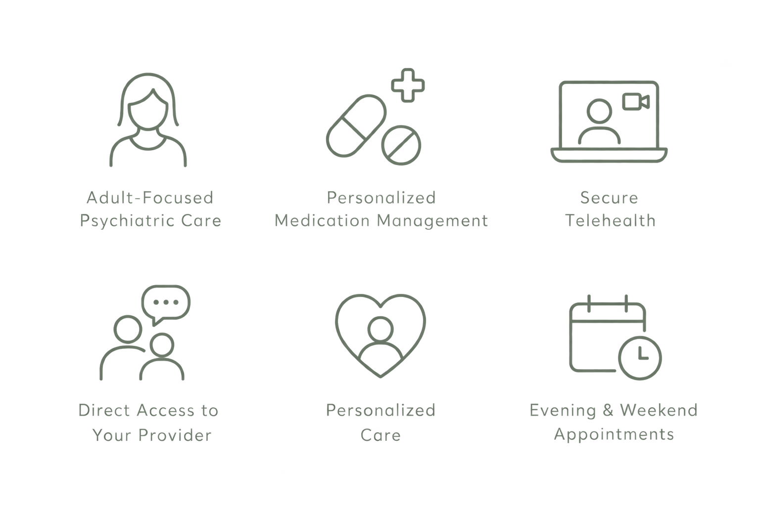 A digital illustration showing a woman icon with speech bubble, medication tablets, a laptop with a person on the screen, and text indicating telehealth services for adult-focused psychiatric care, medication management, secure telehealth, and direct access to providers, emphasizing personalized care, even during evenings and weekends.