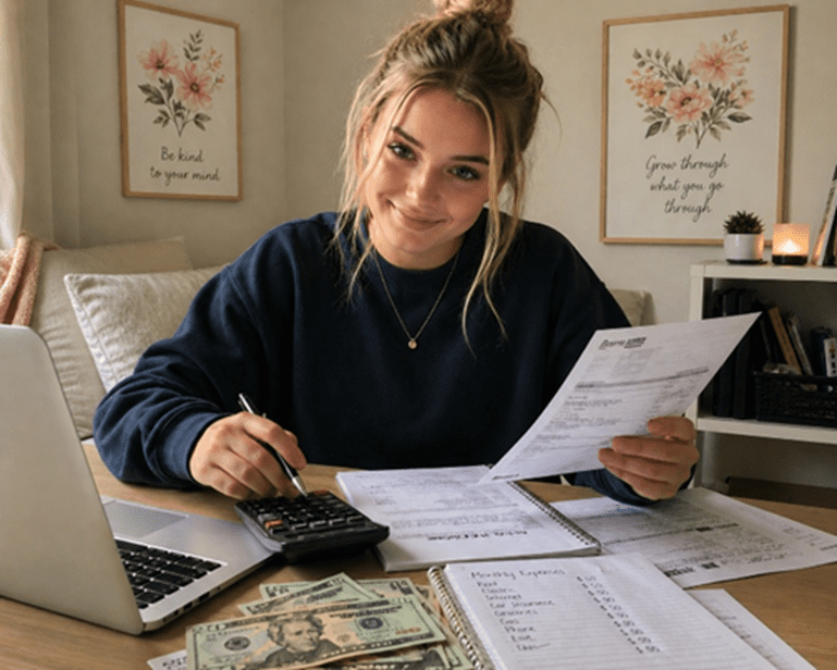 Young woman at desk reviewing bills and financial documents with a laptop, calculator, and cash nearby.