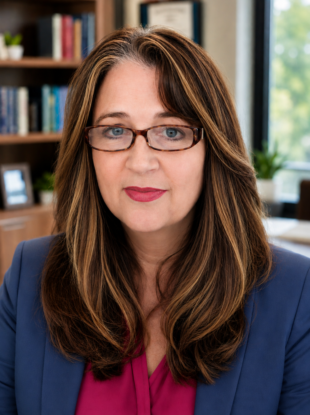 A woman with long, wavy, brown hair and glasses, dressed in a blue blazer and magenta top, sitting in an office with a bookshelf and window in the background.