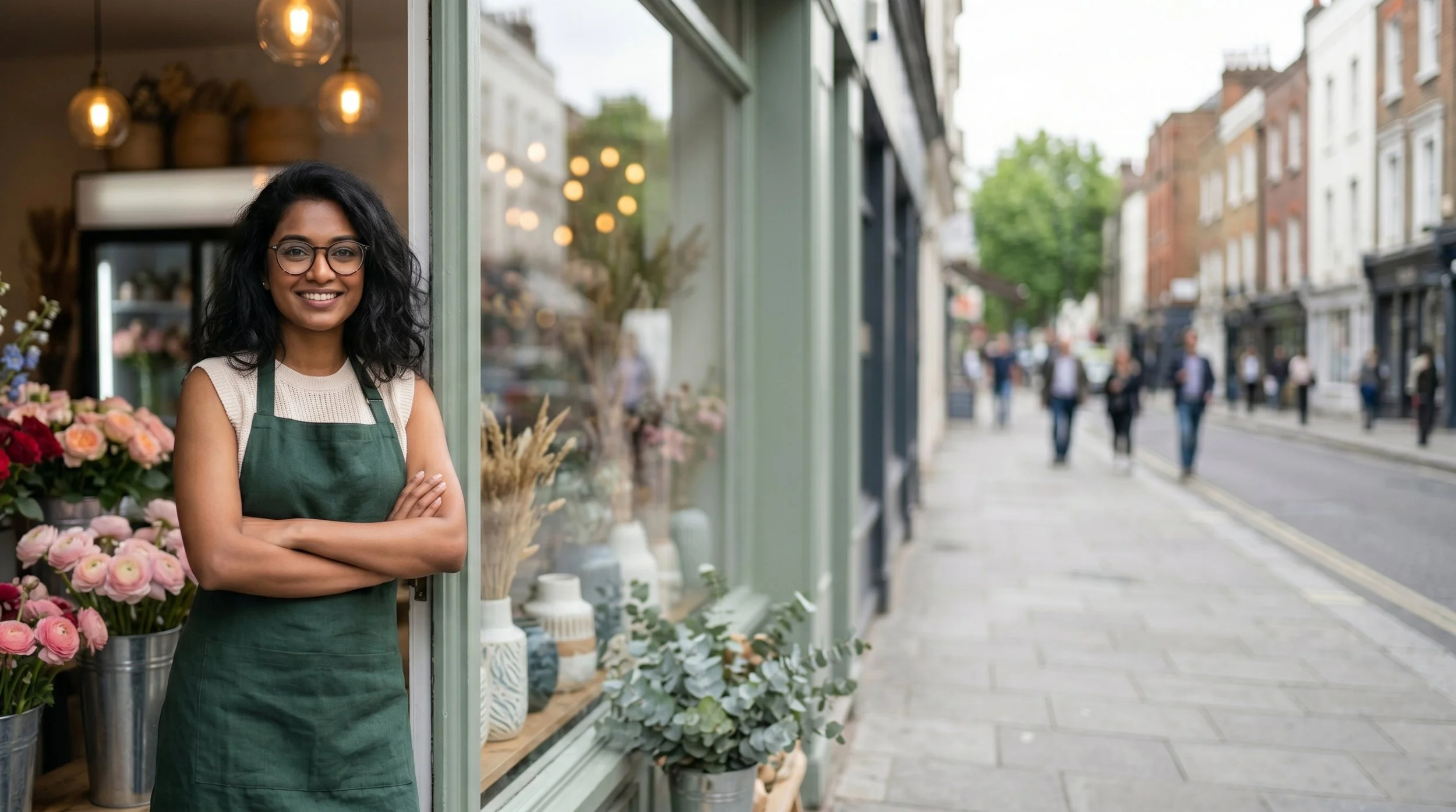 A woman wearing glasses and a green apron stands with her arms crossed inside a flower shop, smiling. The shop displays pink and red flowers, and the street outside is busy with pedestrians and buildings.