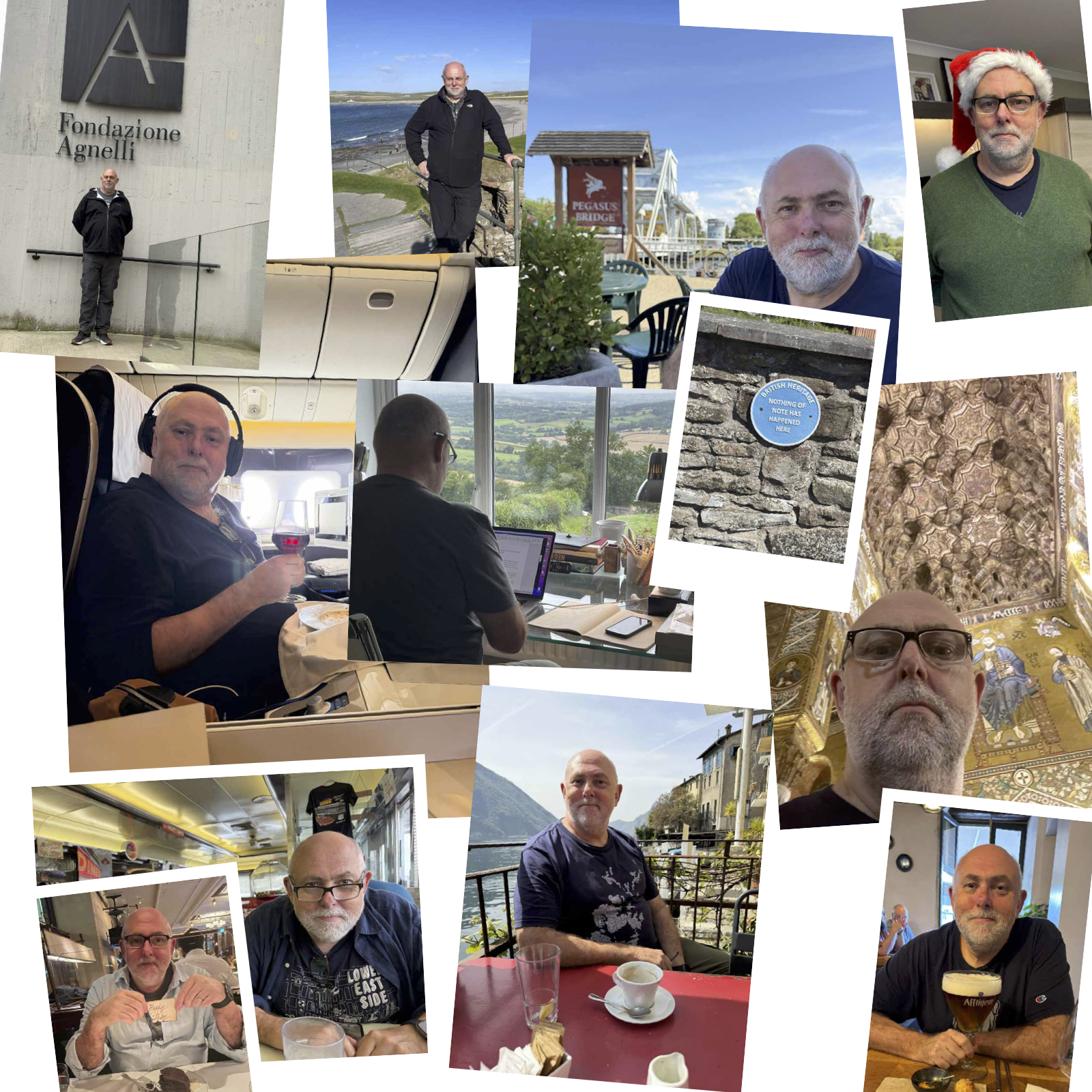 A collage of multiple photos featuring a man with a gray beard, often seen wearing glasses, in various settings such as traveling, dining, and sightseeing. Some photos show him with Christmas decorations and others outdoors with landscapes or cityscapes.