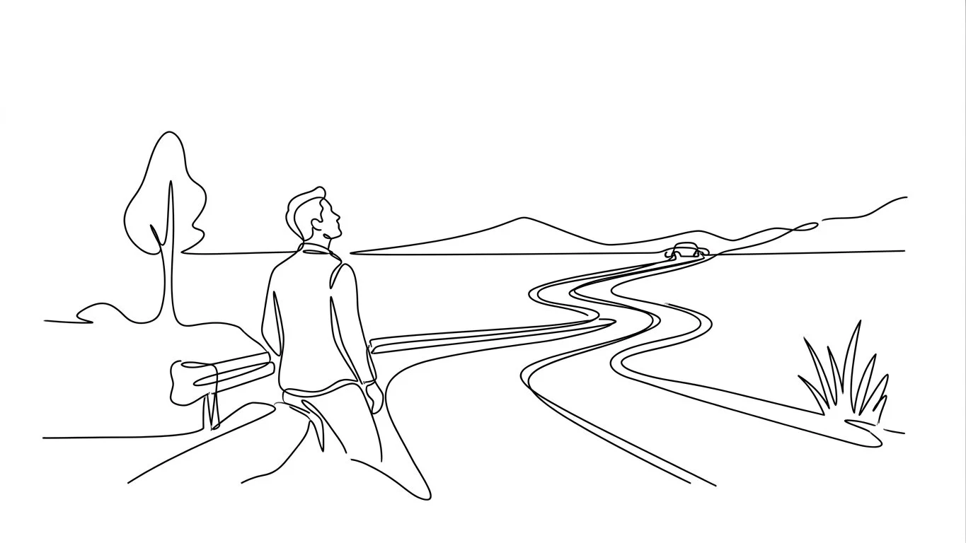 Line drawing of a man sitting on a bench near a winding road with a tree on the left and mountains in the distance under a clear sky.