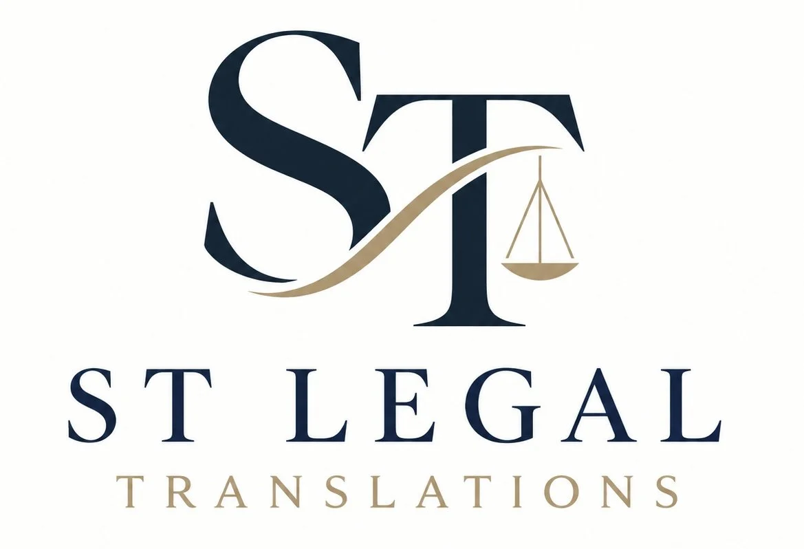 Logo for St. St. Legal Translations featuring stylized initials 'ST' with a scale of justice and the company name beneath.