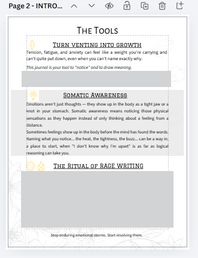 A page from a wellness or self-help guide titled 'The Tools' with sections on 'Turning Venting into Growth,' 'Somatic Awareness,' and 'The Ritual of Rage Writing.' The page includes brief explanations of each technique with a floral background.