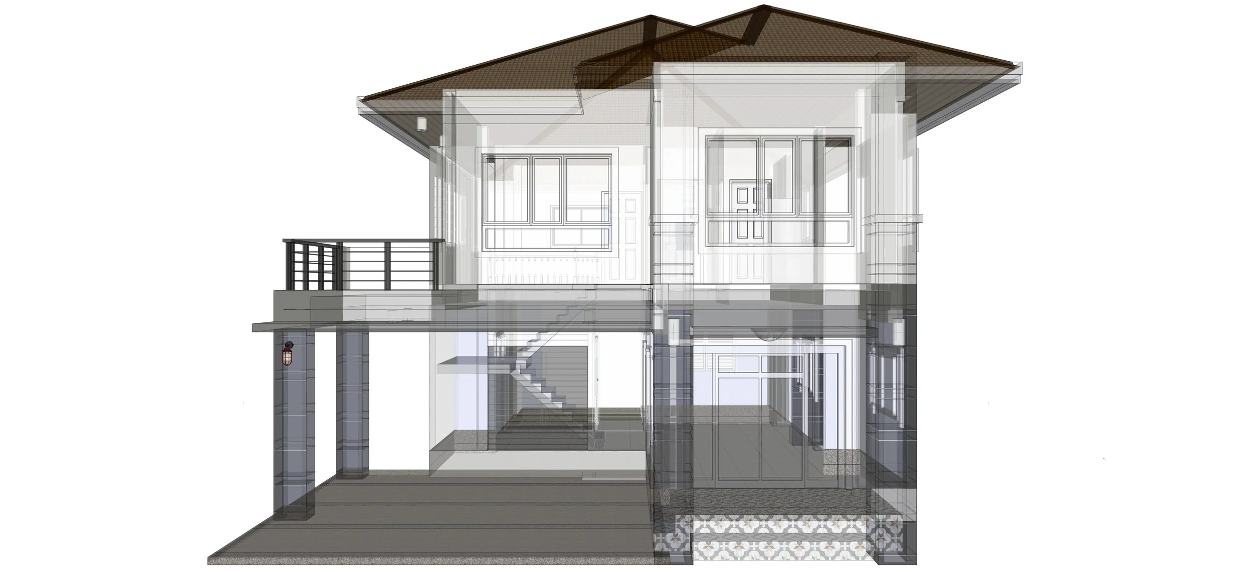 A digital architectural rendering of a two-story house, showing detailed interior layouts, including the staircase, multiple rooms, and exterior elements like a porch with railing and columns.