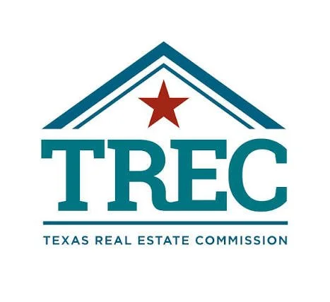 Logo of Texas Real Estate Commission featuring a red star above the initials TREC and a stylized blue house roof above, with the full name written underneath.