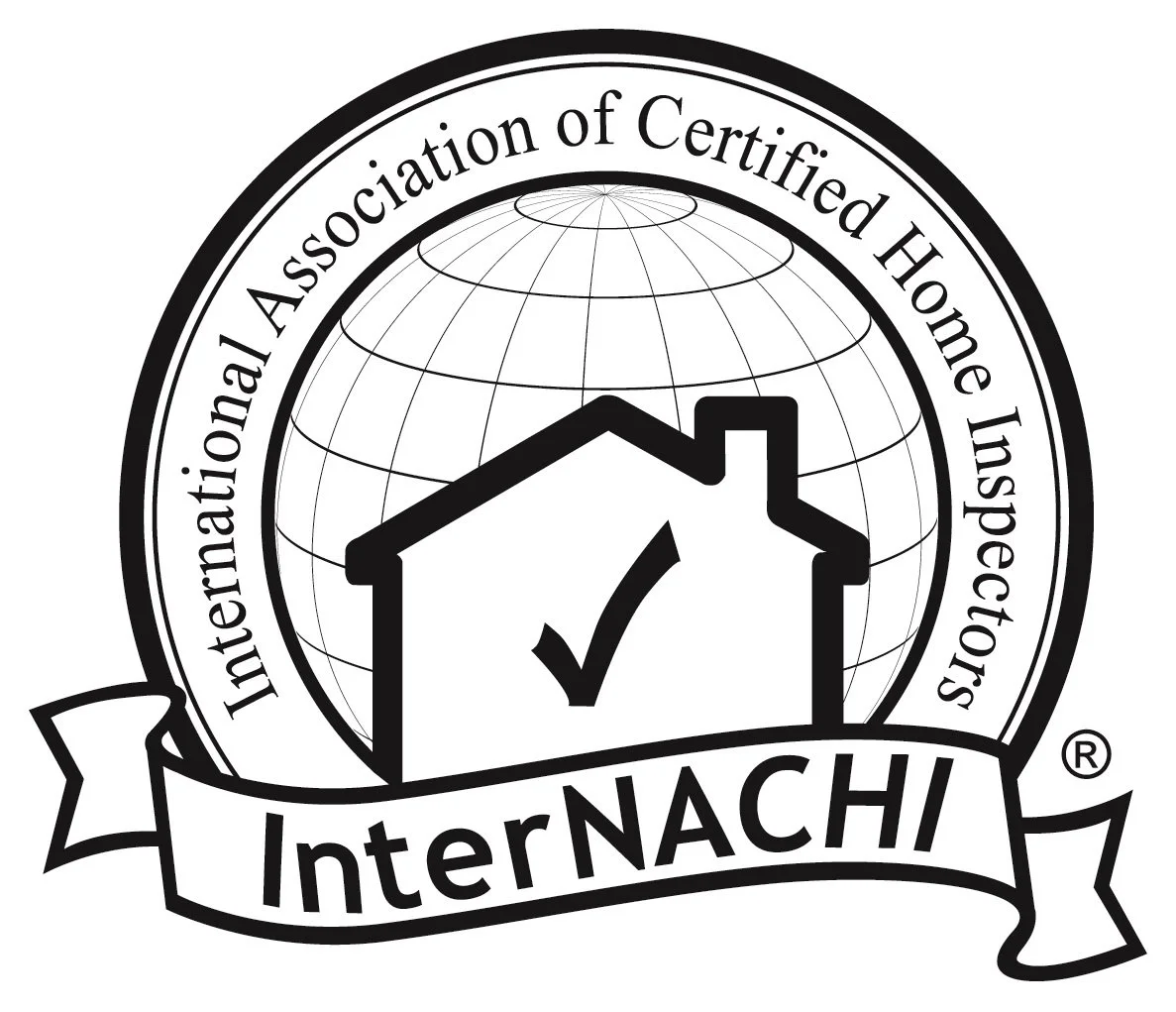 Black and white logo of InterNACHI, the International Association of Certified Home Inspectors, featuring a house with a checkmark inside, a globe in the background, and the organization's name encircling the image.