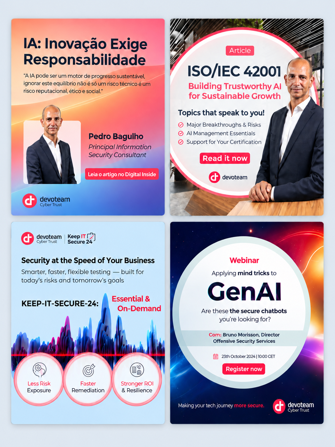 Quatro peças publicitárias de eventos e artigos relacionados à tecnologia e segurança digital, com informações sobre IA, certificações, webinars e testes de segurança, apresentando imagens de um homem de terno e logos da marca devoteam.