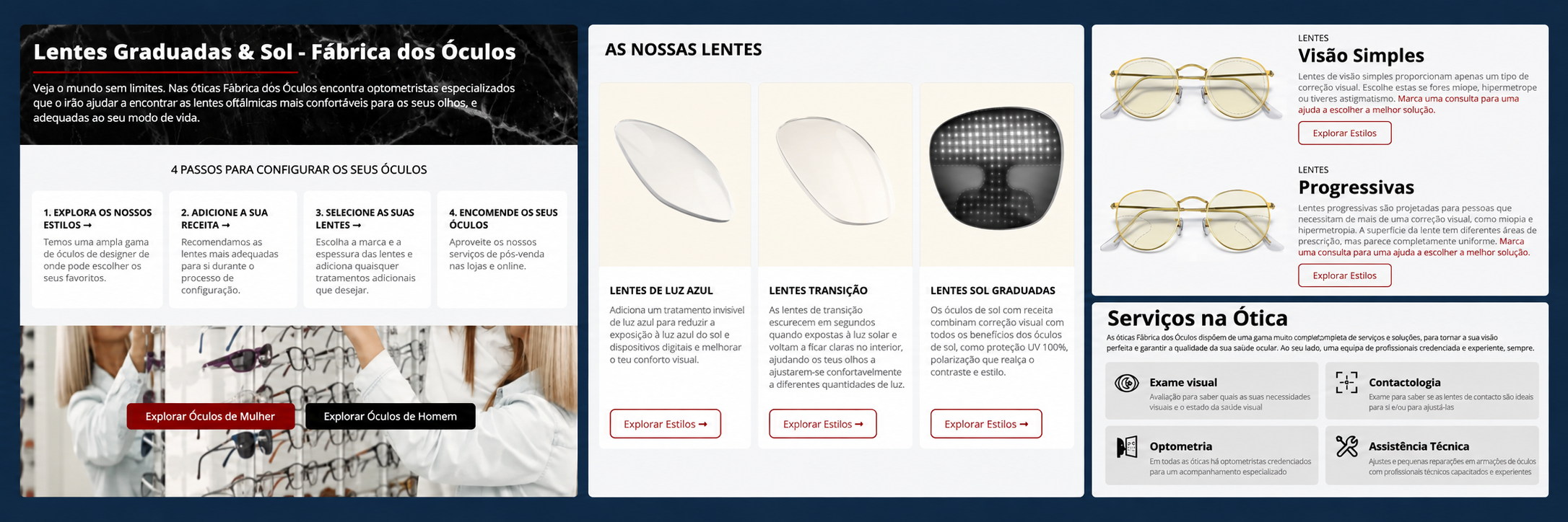 Imagem de uma página de site sobre lentes de óculos, mostrando diferentes tipos de lentes, procedimentos de configuração, estilos de armações, serviços oferecidos na óptica, e opções de ópticas masculinas e femininas, com exemplos de lentes para diferentes necessidades visuais.