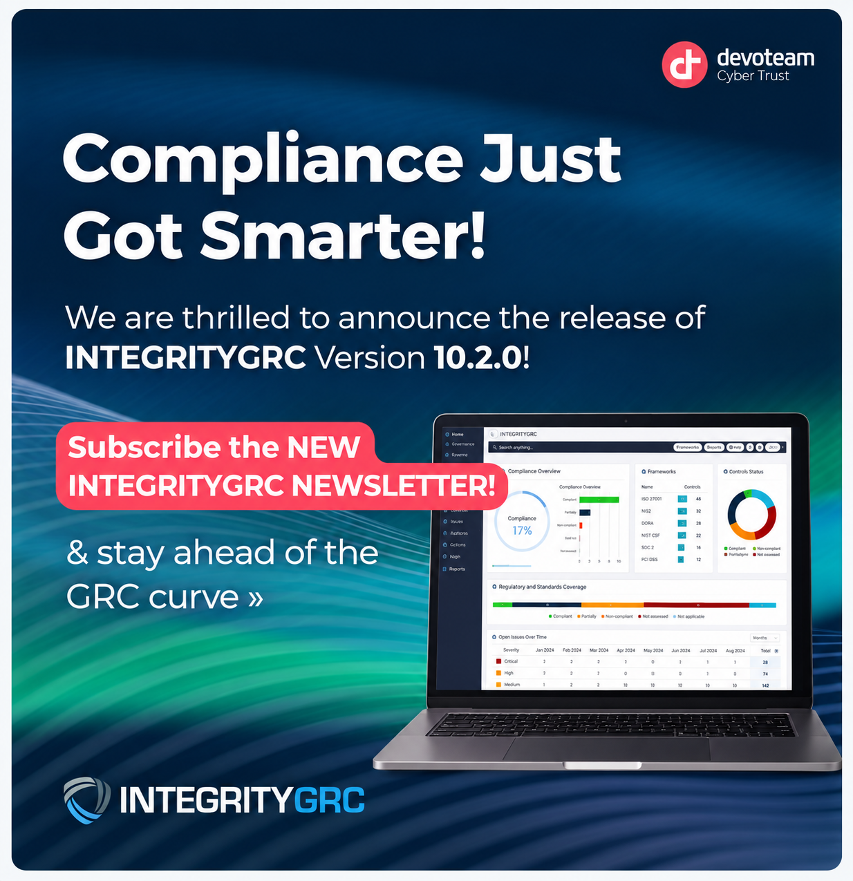 Anúncio da empresa Devoteam Cyber Trust e IntegrityGRC sobre o lançamento da versão 10.2.0 do software IntegrityGRC, com destaque para a assinatura do novo boletim informativo e uma imagem de um laptop exibindo dashboards de compliance.