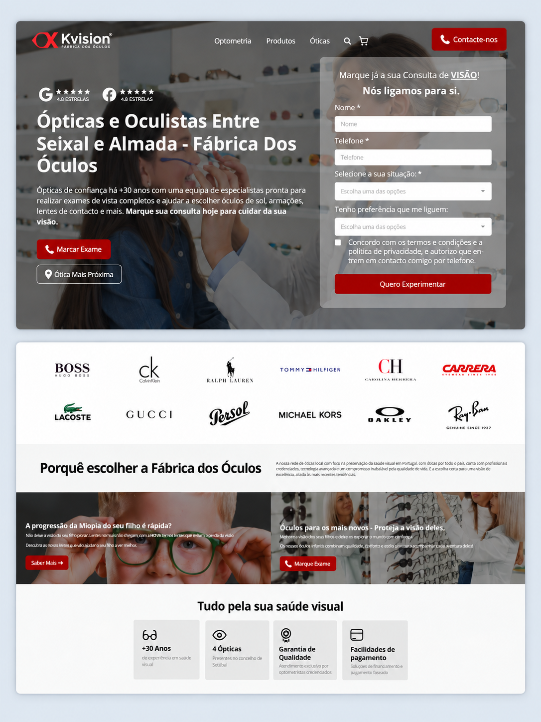 Página inicial de um site de uma óptica chamada Kvision, com opções de agendamento de consulta, marcas de marcas famosas, informações sobre saúde visual e marcas de óculos.