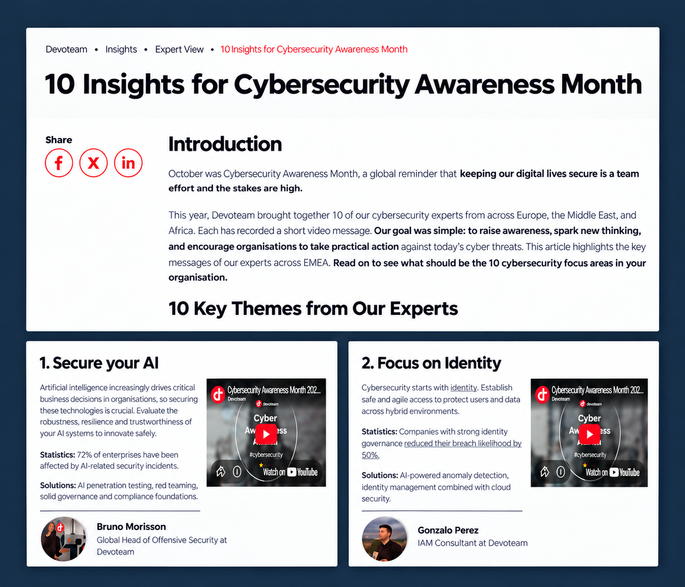 Uma página de artigo digital intitulada '10 Insights for Cybersecurity Awareness Month'. A página destaca histórias de especialistas em cibersegurança, com seções para tópicos como 'Segurança na IA' e 'Foco na Identidade', incluindo vídeos do YouTube e fotos dos especialistas.
