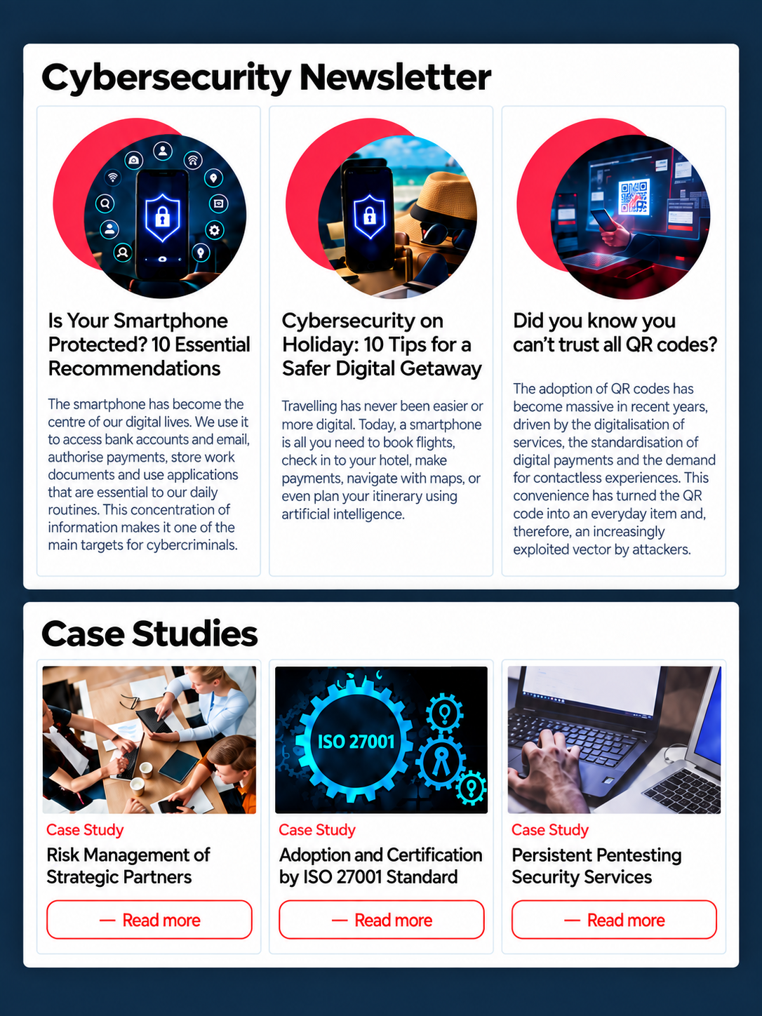 Newsletter de cibersegurança com tópicos sobre proteção de smartphones, dicas para segurança digital, riscos de QR codes e estudos de caso sobre gestão de riscos, certificação ISO 27001 e testes de segurança.