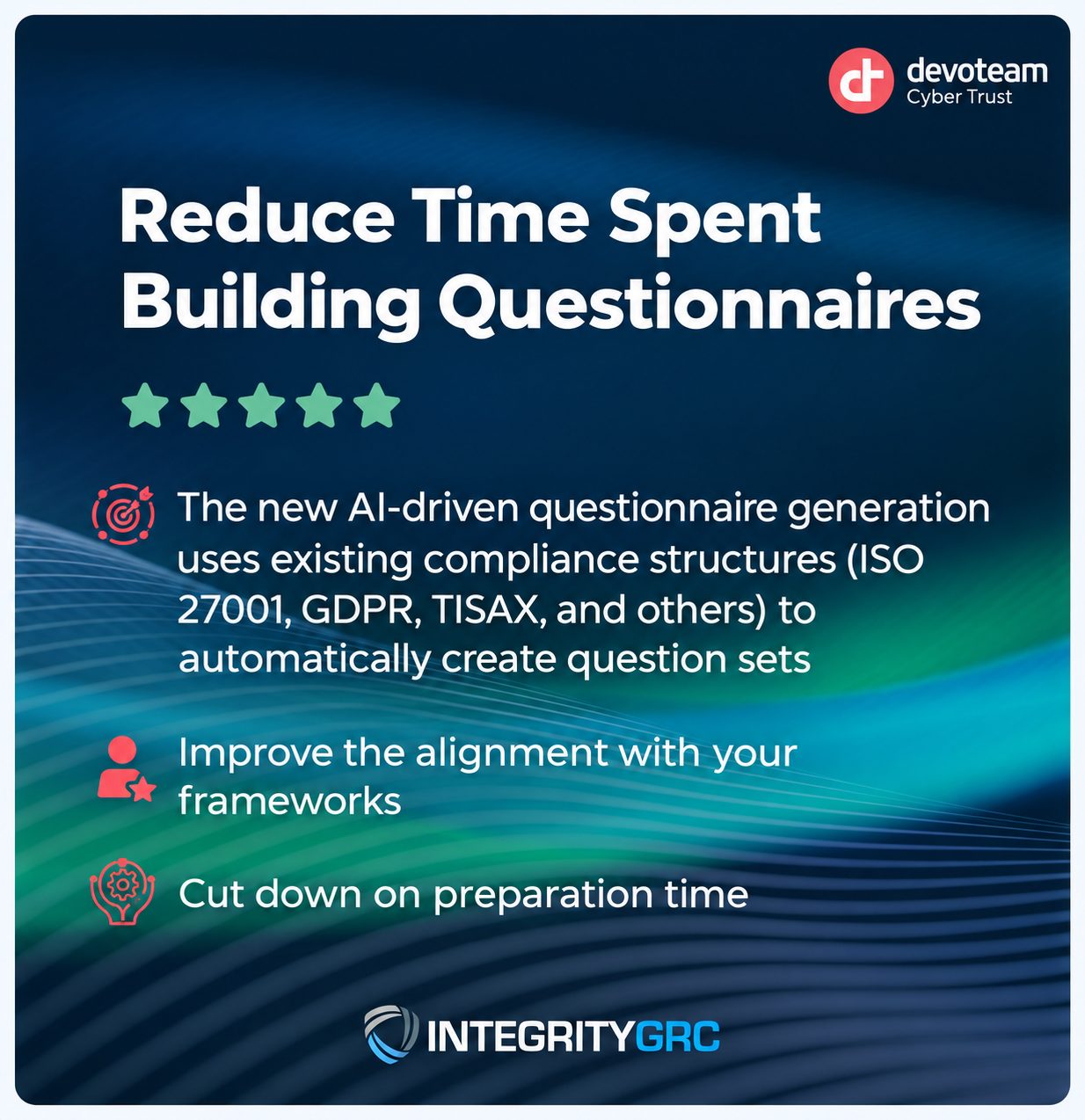 Imagem de uma apresentação com o título 'Reduzir o tempo gasto na elaboração de questionários', promovida pela Devoteam Cyber Trust. Inclui pontos sobre geração de questionários usando IA, alinhamento com frameworks e redução no tempo de preparação, além do logotipo do INTEGRITYGRC.