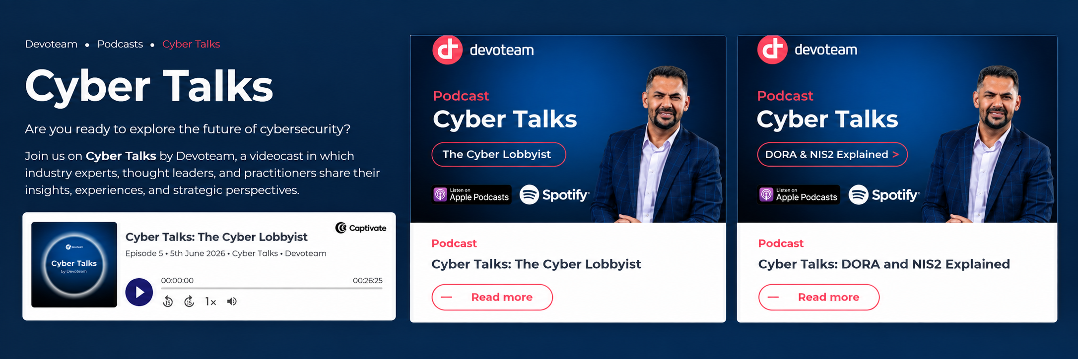 Página de podcast intitulada 'Cyber Talks' com informações sobre episódios, incluindo um episódio destacado intitulado 'The Cyber Lobbyist' com uma imagem de um homem de cabelo curto, barba, vestindo terno azul e gravata, em fundo azul escuro.