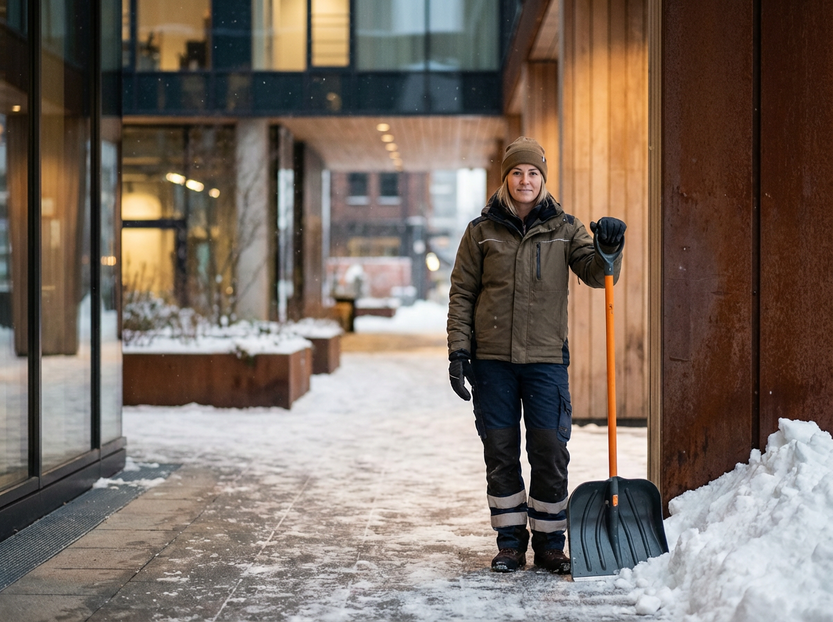 A woman in winter clothing shoveling snow outside a modern building with glass and wood exterior.