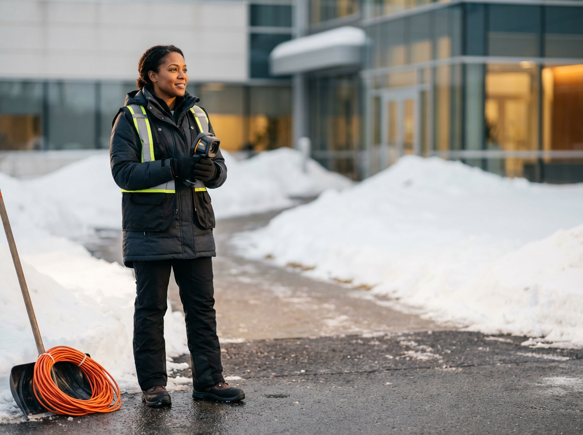 A woman dressed warmly in a black jacket and yellow reflective vest, standing outside in a snowy area with snow mounds, holding a walkie-talkie, with a snow shovel and orange extension cord on the ground nearby, in front of a modern building with glass windows.