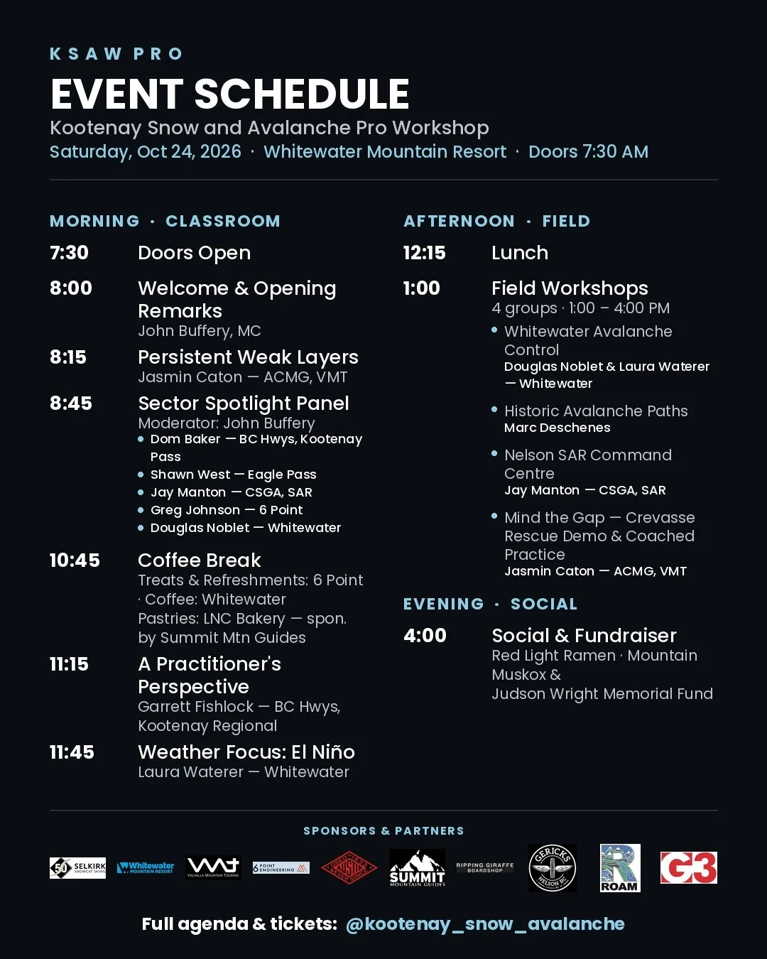 Event schedule poster for KSAW PRO Snow and Avalanche workshop on October 24, 2026, at Whitewater Mountain Resort, showing morning classroom sessions, afternoon field workshops, and evening social fundraiser.